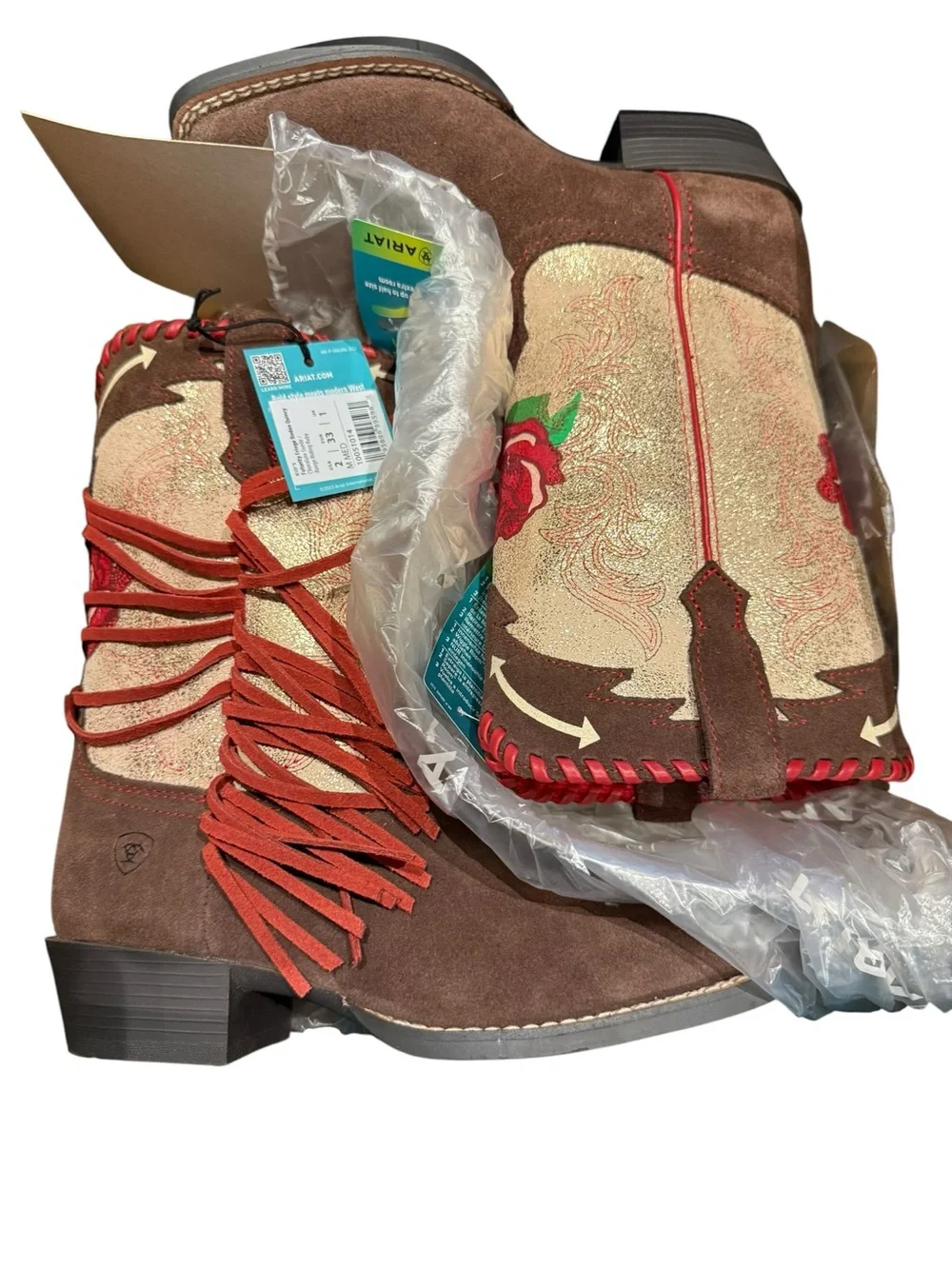 Ariat Futurity Fringe Brown & Cream Fringe Boots Red Rose Embroidery Girls Size2